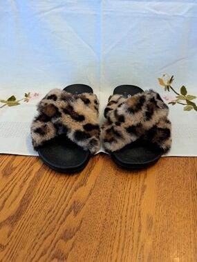 ASOS Leopard Faux Fur Slide Sandals in Brown and Black